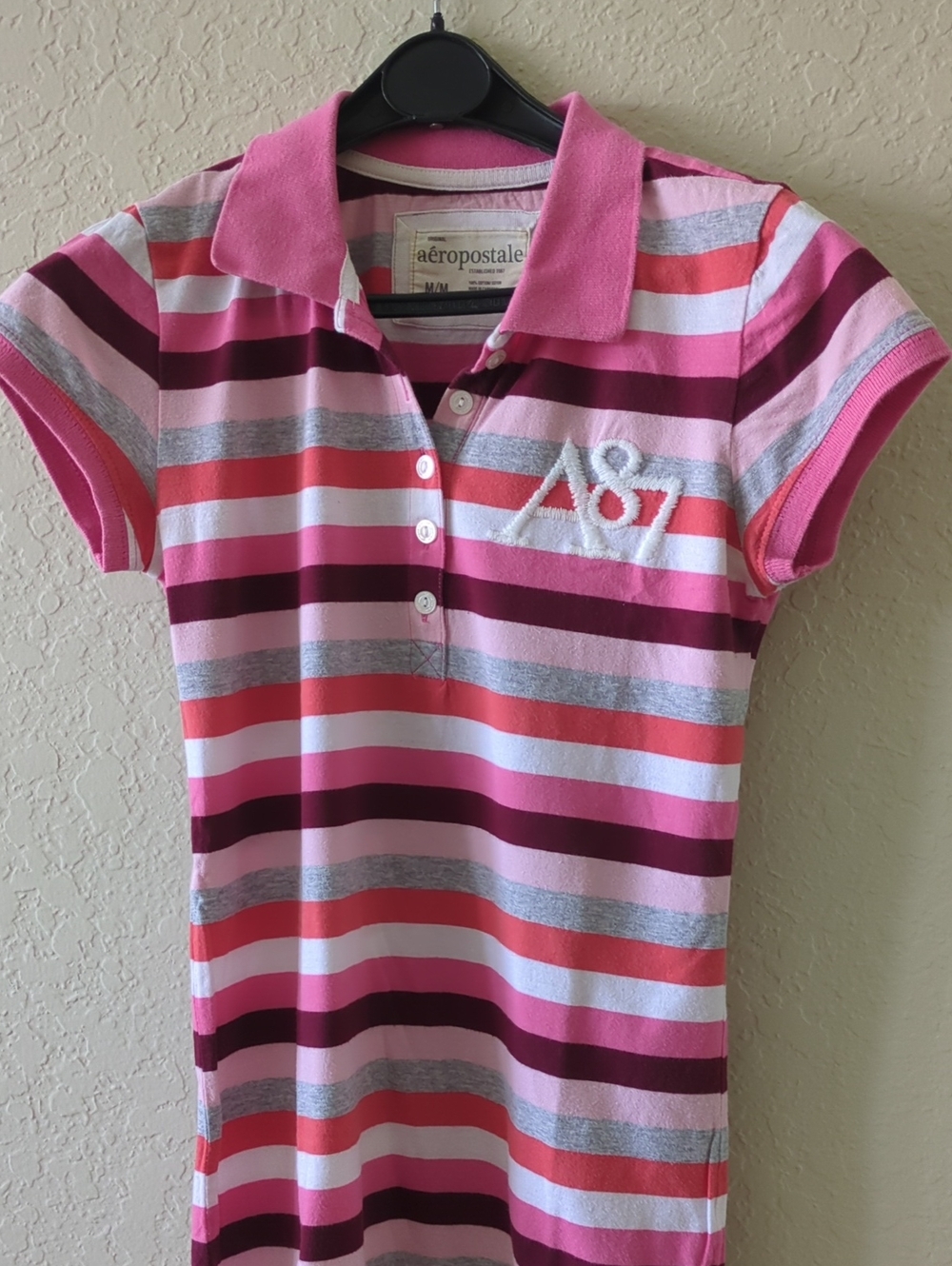 Aeropostale Pink Multi-Stripe Polo Shirt with A87 Embroidery